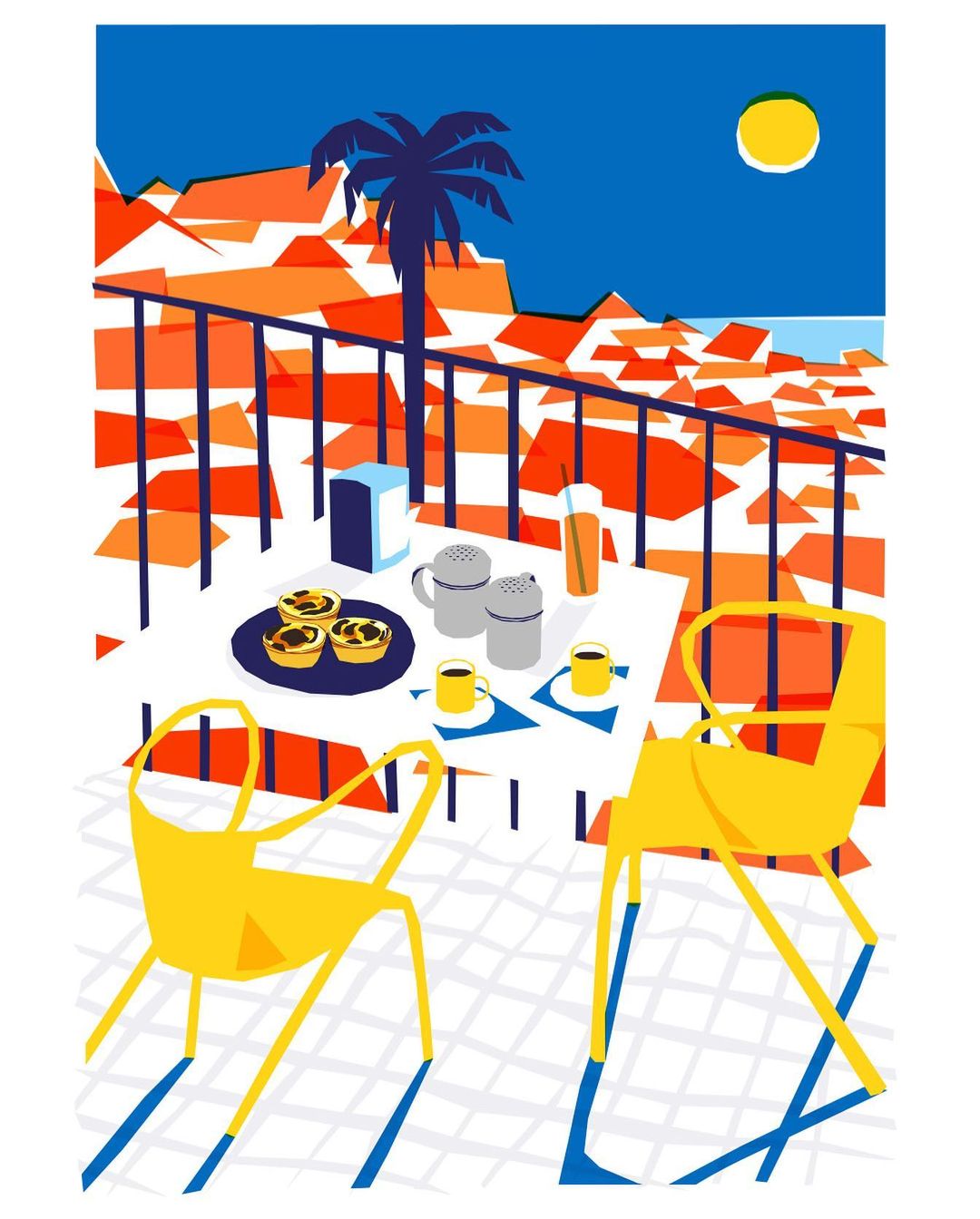 Illustration of a table set with coffee and pastries on a balcony overlooking a coastal scene with a palm tree and buildings.