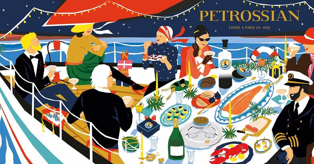 Illustration of people at a festive dining table, set with seafood, caviar, and champagne, on a yacht, with a night sky backdrop.