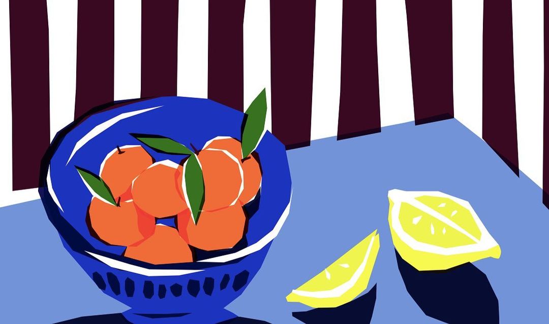 Still life illustration: a bowl of oranges, sliced lemon, and striped backdrop in blue, orange, yellow, and purple color palette.