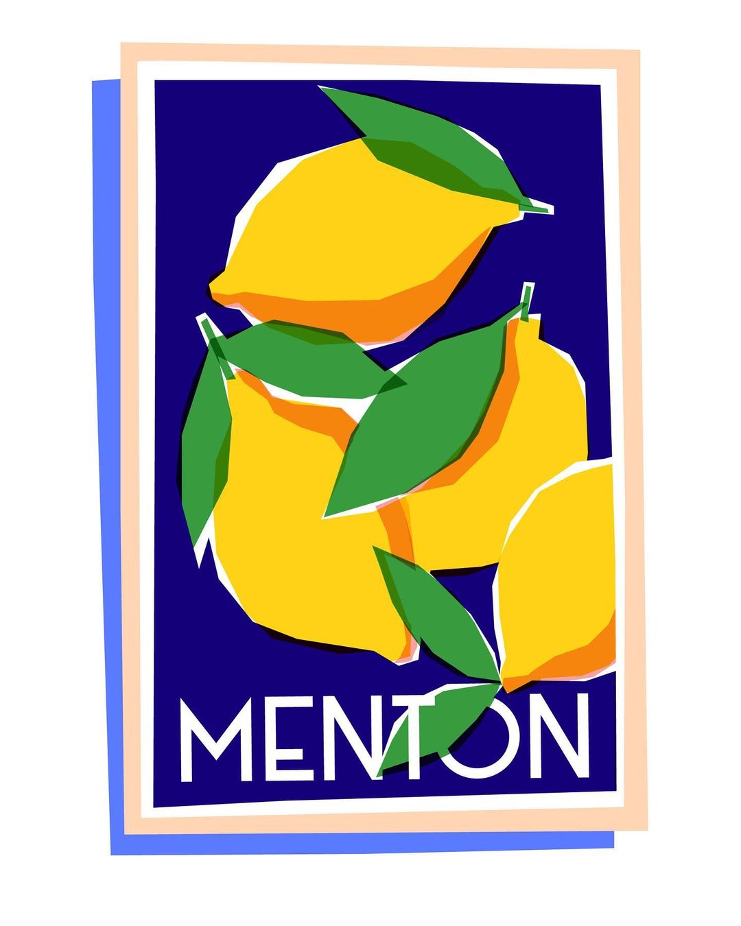 Poster-style graphic art featuring lemons and green leaves against a dark blue background, promoting 'Menton'.