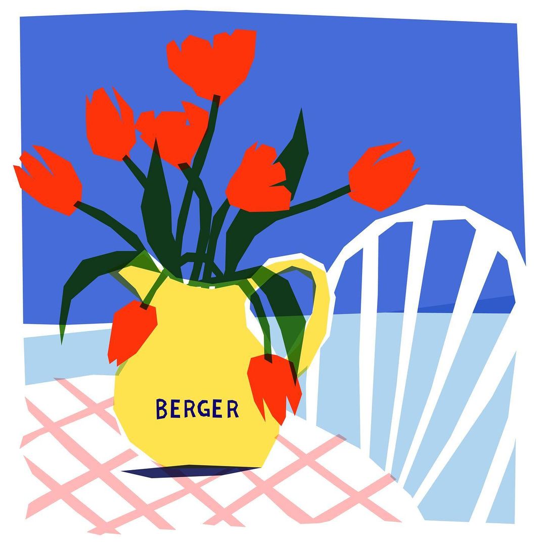 Still life illustration of orange tulips in a yellow pitcher on a tablecloth with a blue backdrop and a white chair.