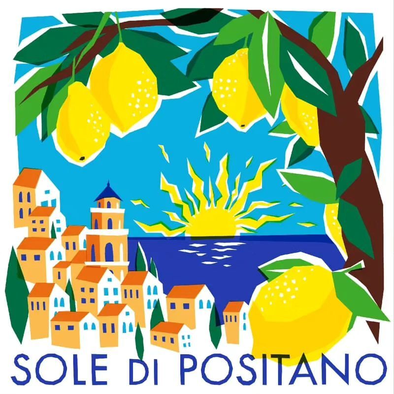 Whimsical vector art of the Italian coast with lemons, featuring a charming village overlooking a serene blue sea at sunset.