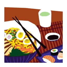 Digital illustration of a bowl of ramen with chopsticks, sushi rolls, and a cup of green tea by Marie Doazan.