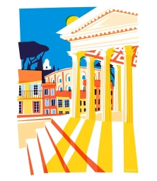 Colorful vector illustration of a classical temple with tall columns and surrounding Mediterranean buildings by Marie Doazan.