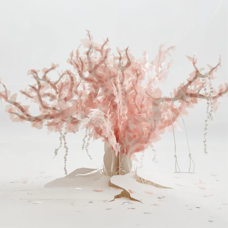 Artistic paper art of a pink tree with a swing, set against a white background in a studio for a whimsical, conceptual aesthetic.