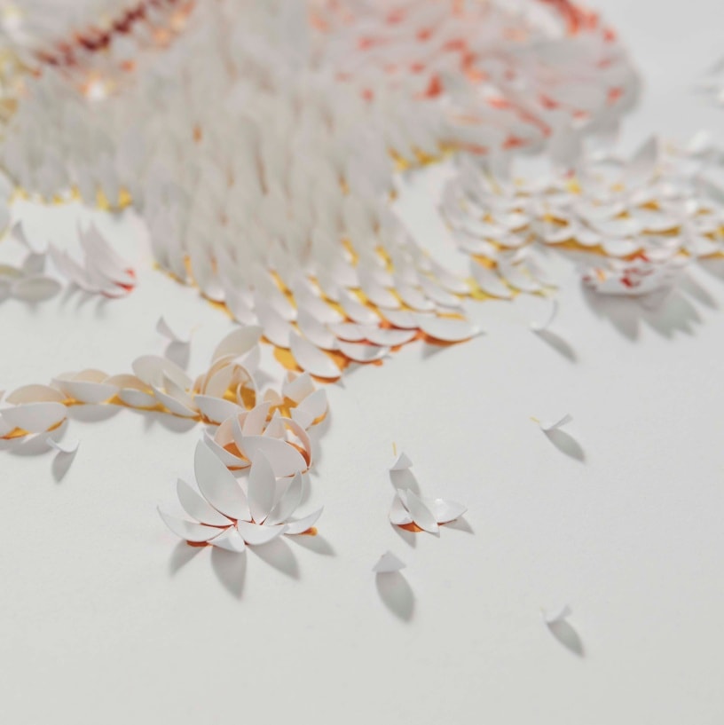Abstract art: a layered installation of small, white, petal-shaped elements arranged on a white surface, creating depth and texture.