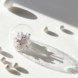Detailed paper art sculpture inside a glass sphere on a white surface with long shadows from direct sunlight