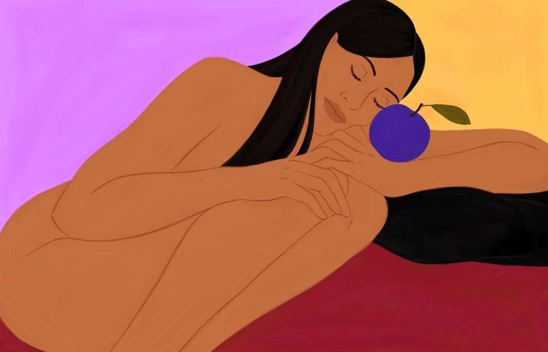 Illustration of a reclining nude adult female with dark hair, eyes closed, resting on a plum, against a color-blocked background.
