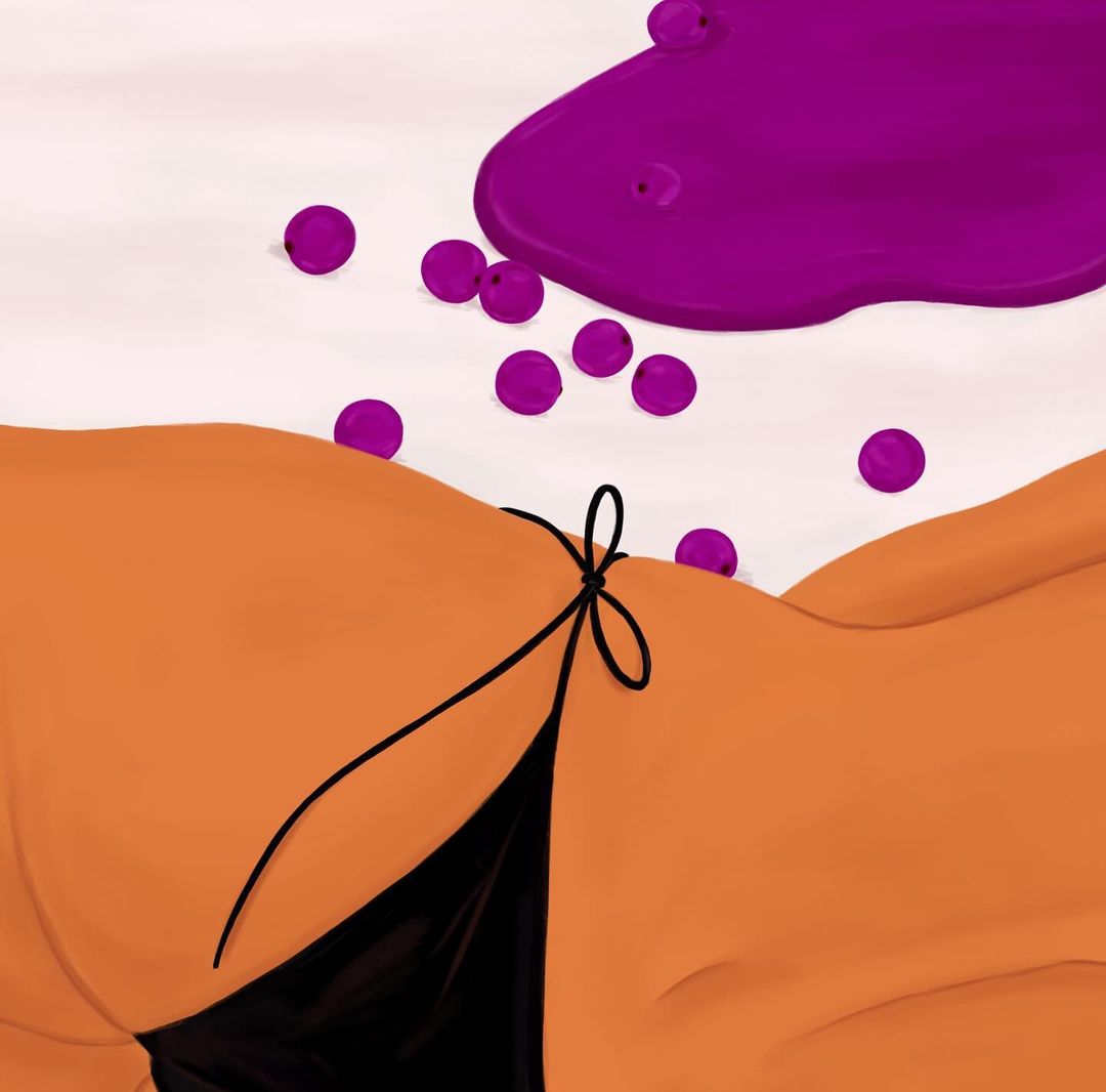 Illustration of orange skin wearing a black bikini bottom, with purple liquid and round fruit scattered on a white surface.