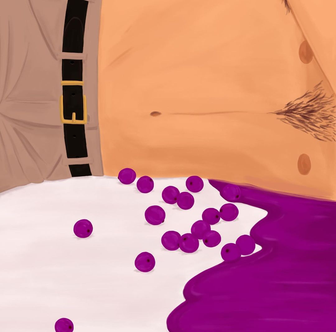 Digital art showing torso of person with belt, scattered grapes, and purple liquid on a white surface in a close-up, painterly style.