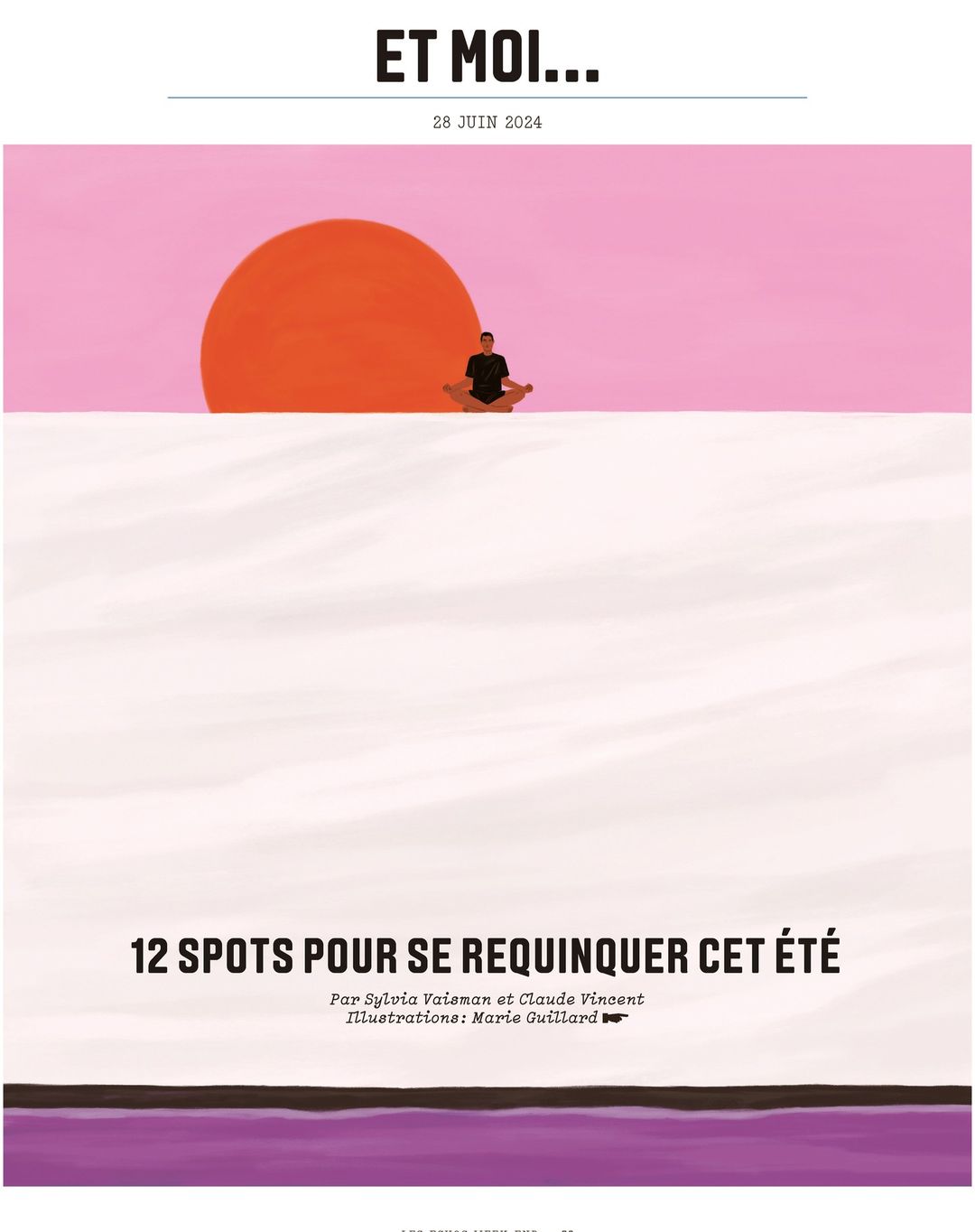 Illustration of a man meditating on a white surface with an orange sun and pink sky in the background, reminiscent of a magazine cover.