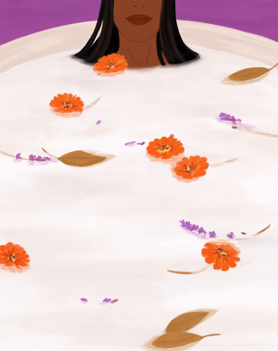 Illustration of a woman in a white bathtub with orange flowers and leaves floating in the water, set against a purple background.