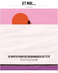 Digital illustration of a person meditating in lotus pose under a large orange sun against a pink sky by Marie Guillard
