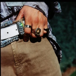 Close-up of a person's hand with rings resting on tan trousers near a jeweled white belt by Marilou Chabert