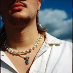 Close-up portrait of a man wearing layered pearl necklaces with a rabbit pendant and a white shirt against a blue sky