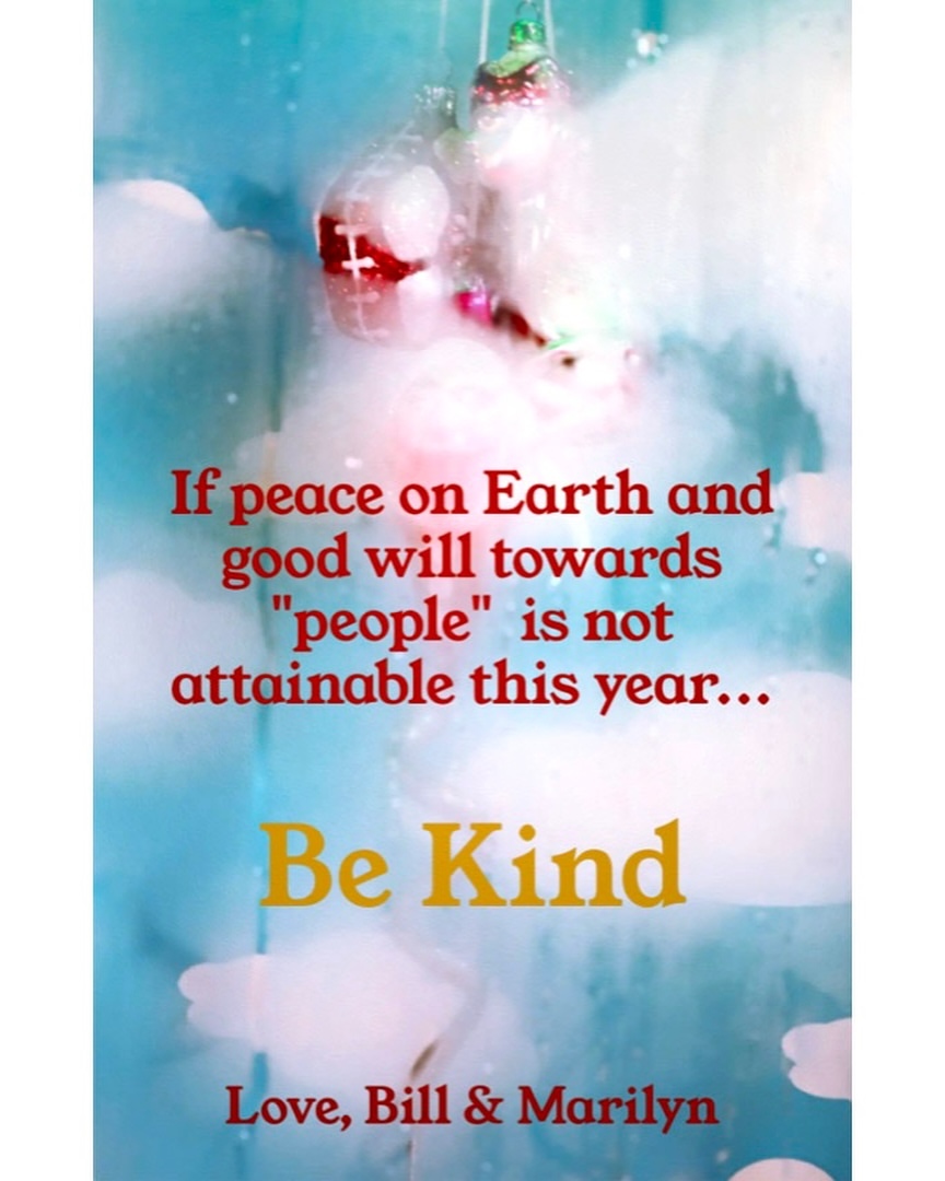 Holiday themed graphic with Christmas ornaments, blue background with white clouds, and a message promoting kindness.