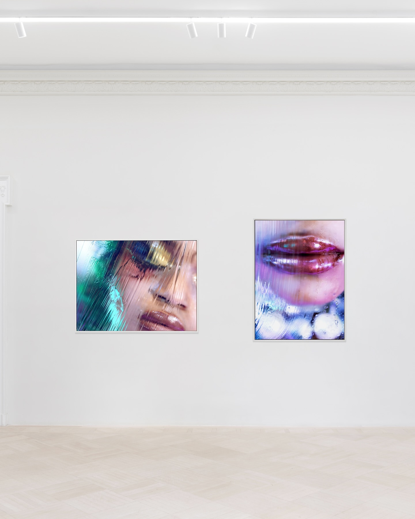Artwork featuring two framed close-up images of a face and lips in an art gallery, set against a white wall in an indoor setting.