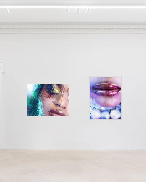 Artwork featuring two framed close-up images of a face and lips in an art gallery, set against a white wall in an indoor setting.