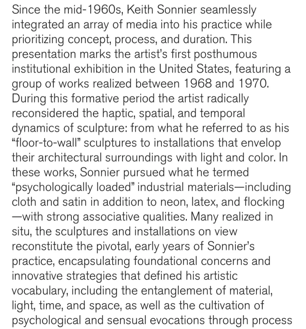 Text excerpt detailing Keith Sonnier's artistic practice, institutional exhibition in the United States from 1968-1970, and his use of industrial materials.