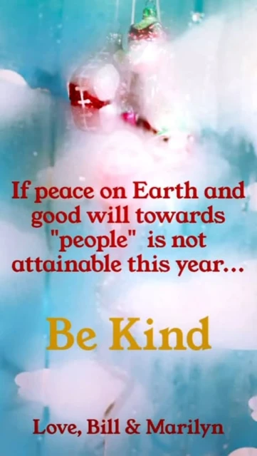 Holiday greeting featuring white angel ornaments against a blue background with festive text wishing peace and kindness.