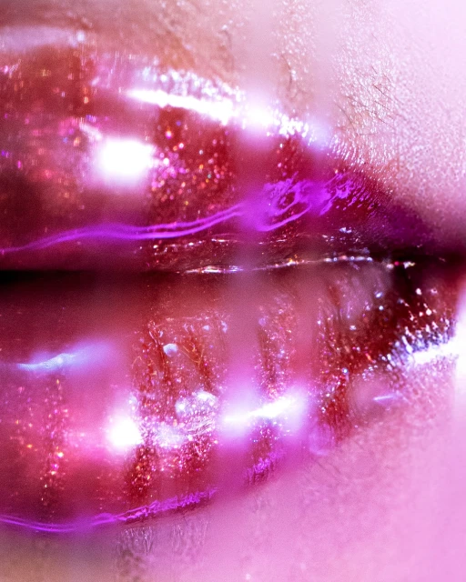 Close-up of a woman's lips with shimmering pink and purple lip gloss, creating a vibrant and eye-catching beauty shot.