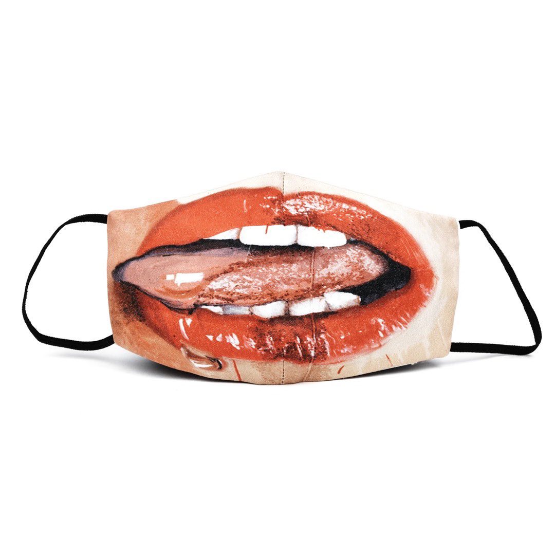 Fabric face mask featuring an image of an open mouth with red lipstick and a tongue sticking out, on a white background.