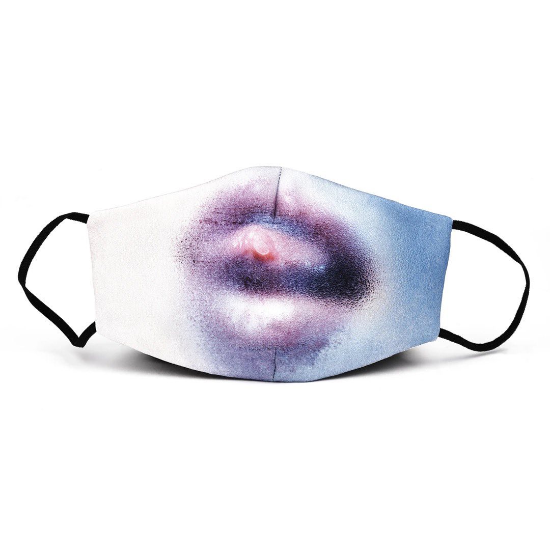 Close-up of a white face mask with a large, digitally enhanced purple lips graphic. The mask has black elastic ear loops.