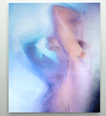 An abstract photographic portrait by Marilyn Minter showing a figure seen through condensation-covered glass with soft blue and purple lighting.