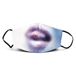 Close-up product shot of a fabric face mask featuring a print of glossy lips against a solid white background