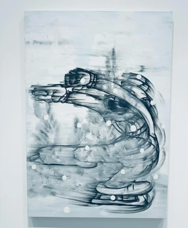 An expressive black-and-white painting depicting a skater in motion with scattered white dots against a pale background