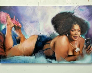 Painting of a Black woman with an afro lying down, holding a phone, wearing pink heels, behind a wet glass effect.
