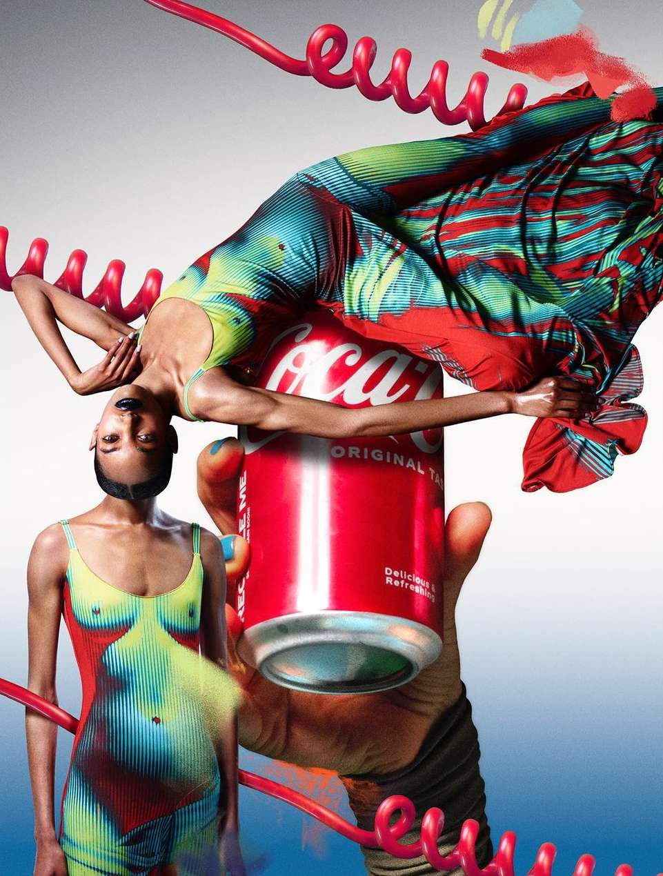 Two models in patterned bodysuits pose near an oversized Coca-Cola can, one laying on it, with pink spiral elements and painterly effects.