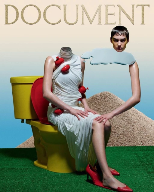 Surreal fashion editorial image featuring a woman in a white dress seated on a yellow toilet, against a studio backdrop with text.