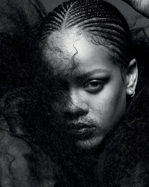 Striking black-and-white portrait of a woman with braided hair, partially obscured by dark, voluminous curls, focusing on her intense gaze.