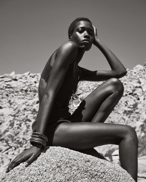 Black and white portrait of a Black woman sitting on a rock pile, posing in a swimsuit, with an open sky in the background.