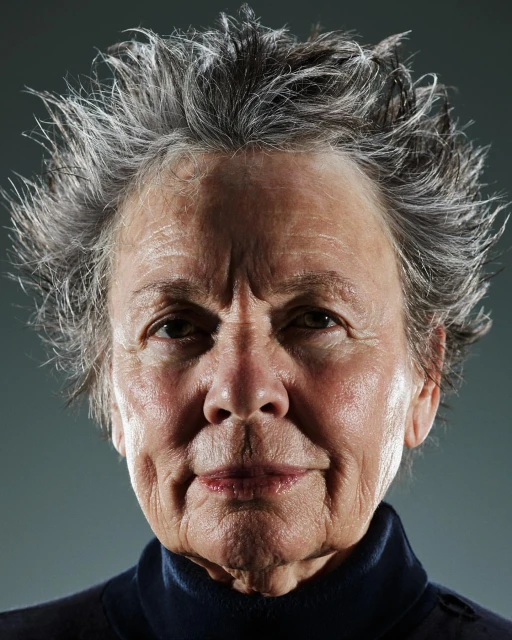 Close-up portrait of an elderly adult female with grey hair, wearing a dark turtleneck shirt against a dark grey studio backdrop.
