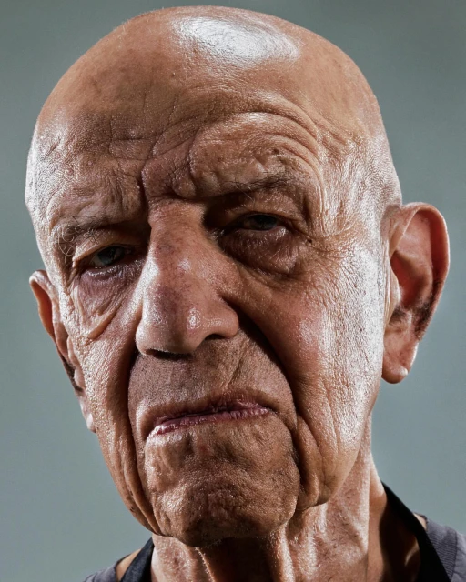 Close-up studio shot of a senior adult male with a shaved head and visible wrinkles, captured with soft lighting on a grey background.