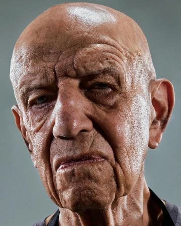 Close-up studio shot of a senior adult male with a shaved head and visible wrinkles, captured with soft lighting on a grey background.