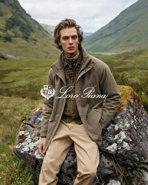 Male model showcases Loro Piana tan coat and trousers in a verdant mountain landscape, seated on a boulder for an outdoor fashion editorial.