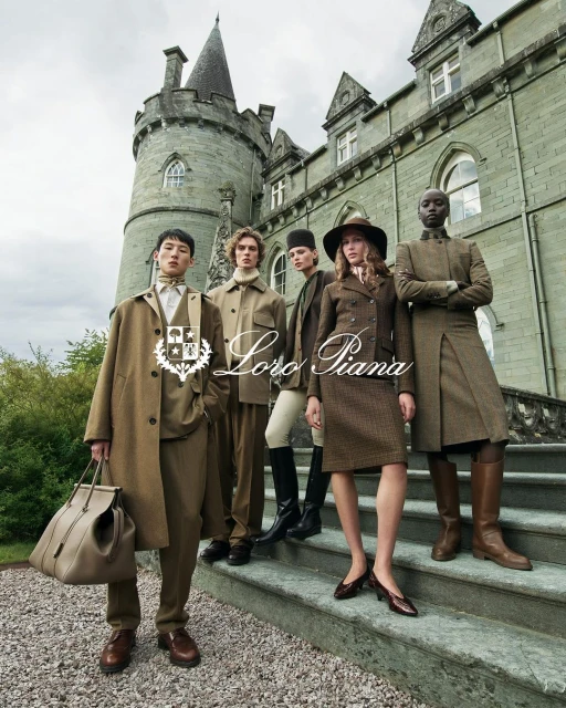 A group of five fashion models on stone steps in front of a historic castle, showcasing Loro Piana clothing against a green, outdoor backdrop.