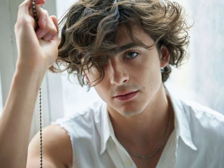 Close-up portrait of a young adult male with curly brown hair, wearing a white sleeveless top and silver chain necklace, indoors.