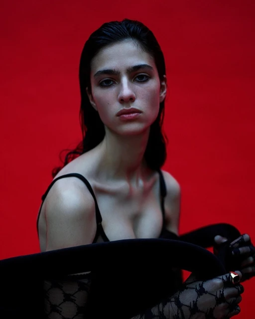 Portrait of an adult woman with dark hair wearing a bra top and lace gloves, posed against a solid red background in a photo studio.
