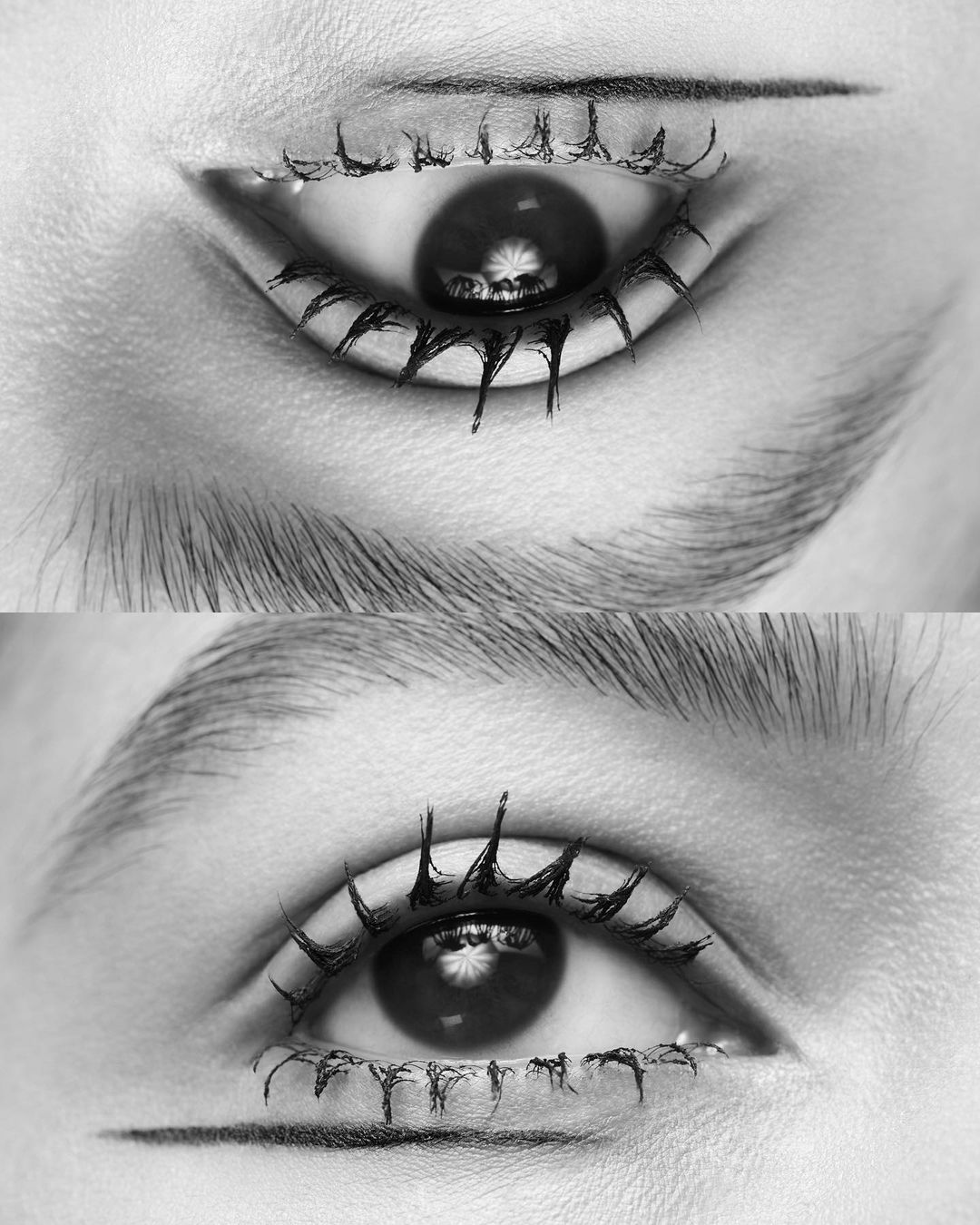 Monochrome image shows two eyes with artistic black eyeliner and spiky lashes. The upper and lower eyes are reflected images.