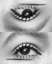 Monochrome macro photograph of an eye with dramatic graphic eyeliner and heavily clumped mascara lashes.