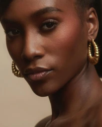 Close-up portrait of a Black woman wearing ridged gold hoop earrings against a neutral background by Marion Clémence Grand