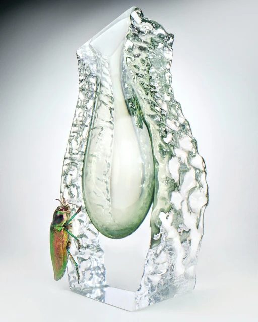 Iridescent jewel beetle on clear art glass sculpture against soft white background with studio lighting. Visual focus on sculpture textures.