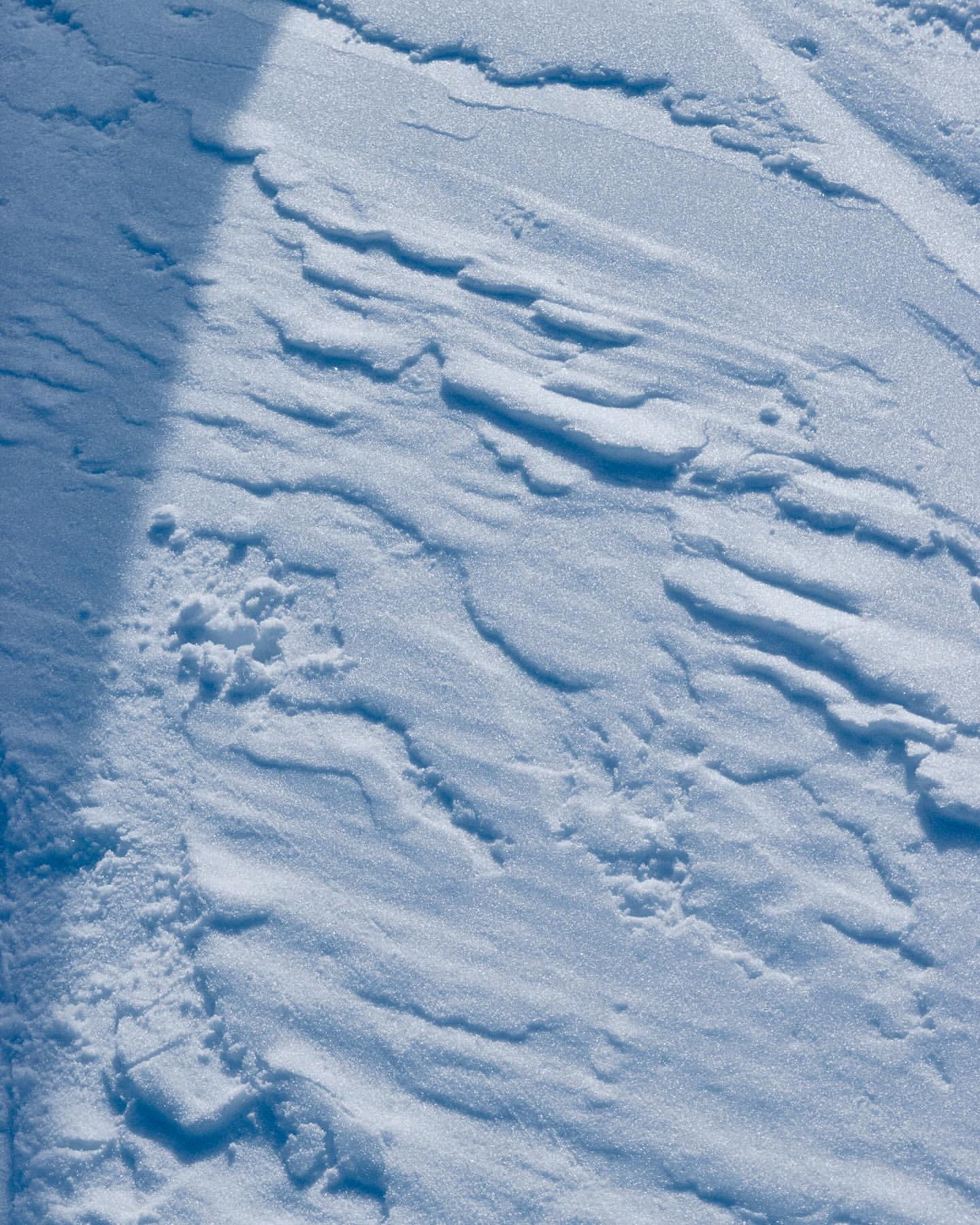 Close-up of a textured snowdrift, sunlight casting shadows, revealing a rippled surface and intricate patterns.
