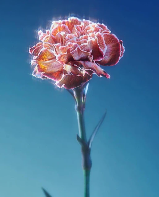 Close-up studio shot of a pink carnation with stem on a blue background. The petals are ruffled and slightly faded, giving it an elegant look.