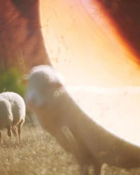 Two sheep grazing in a grassy field with an abstract warm light flare across the top
