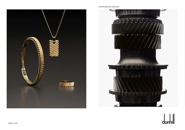 A gold jewelry set consisting of a bracelet, necklace, and ring is featured on the left, contrasted with a metal gear component on the right.